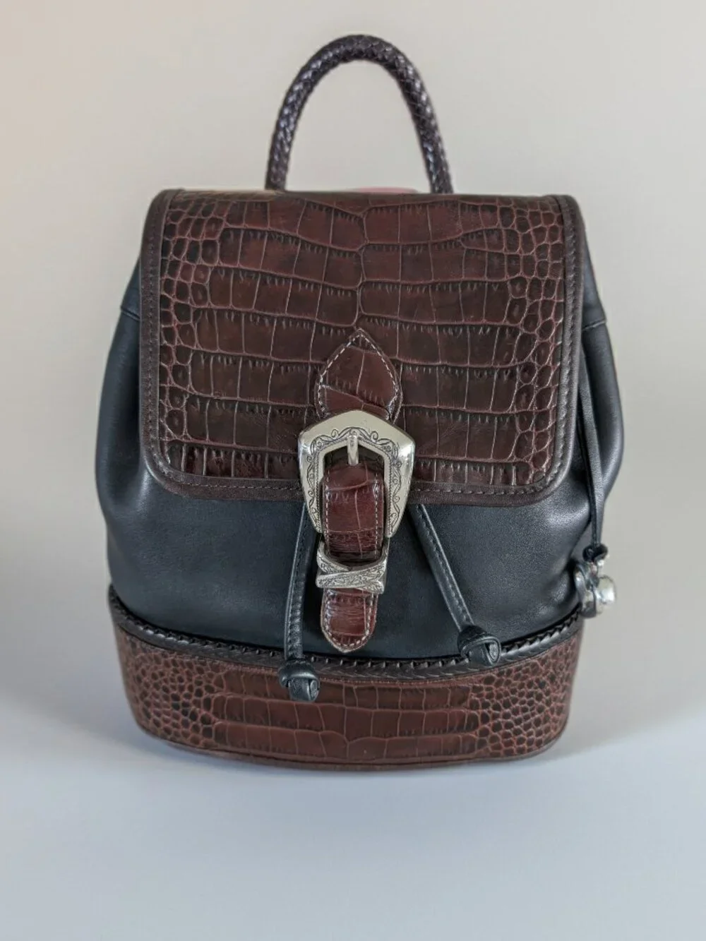 BRIGHTON Monica Vintage Croc Embossed Leather Drawstring Bucket Backpack BLK BRN